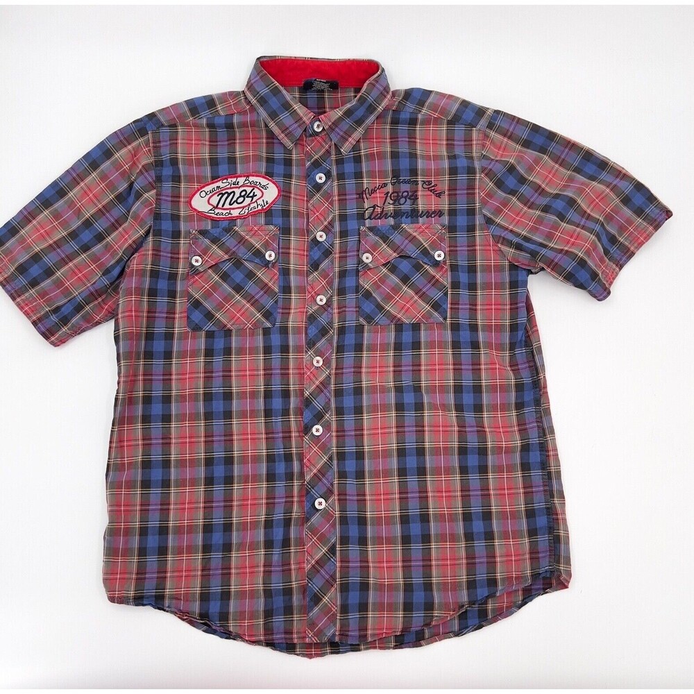 Mecca Shirt Mens Medium Plaid Button up Ocean Club Short Sleeve